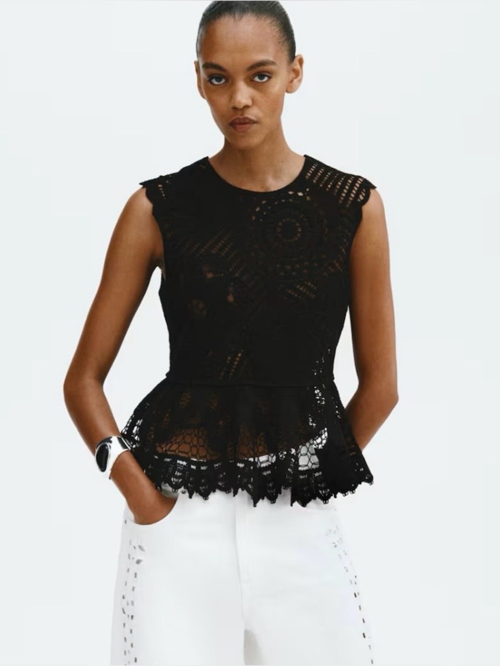 H&M Edition Black Lace Crochet-Look Peplum Top XS NWT 1340523001